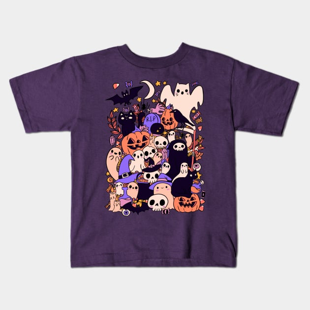 Cute halloween doodle art cute ghost pumpkins skulls and candy Kids T-Shirt by Yarafantasyart